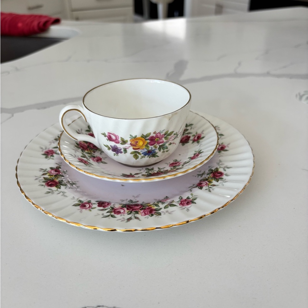 Marlow Minton Floral Bone China Cup and Saucer Trio with Gold Trim